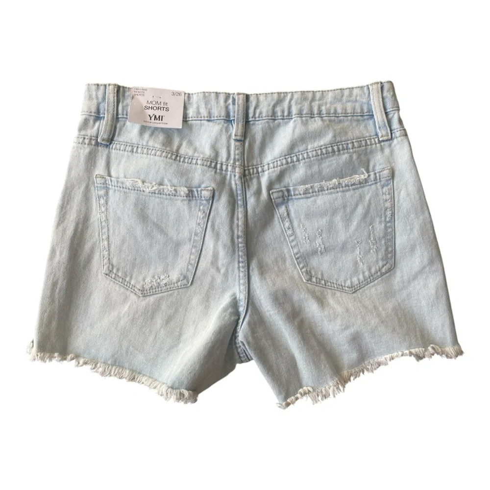 YMI High Rise Mom Fit Shorts Distressed‎ Denim 100% Cotton Light Wash Size 3/26